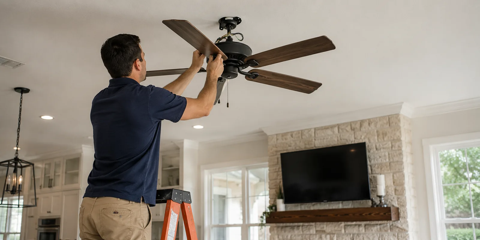 Hired Hands pro installing a ceiling fan in an Austin living room