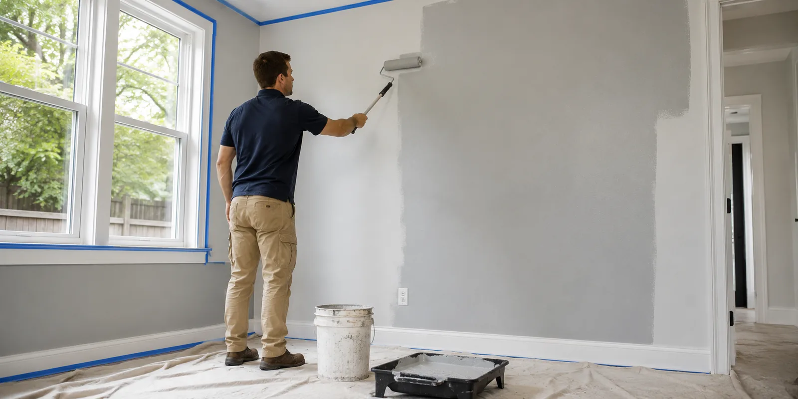 Hired Hands pro rolling fresh paint onto an interior wall