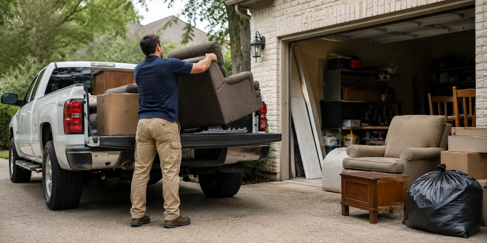 Hired Hands pro loading old furniture into a truck for junk haul off